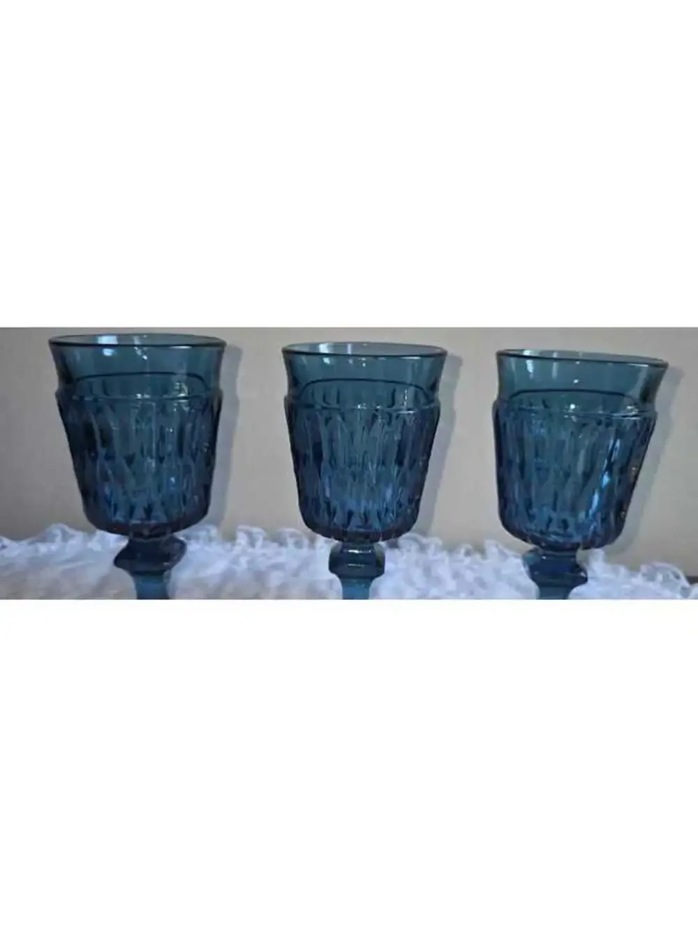 Vintage Blue Pressed Glass Goblets Set of 3 Square Foot Pedestal Wine Water